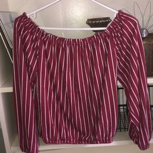 Garage off the shoulder maroon with white stripes.